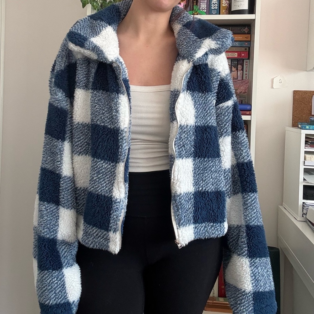 SHEIN Navy and White Plaid Teddy Jacket